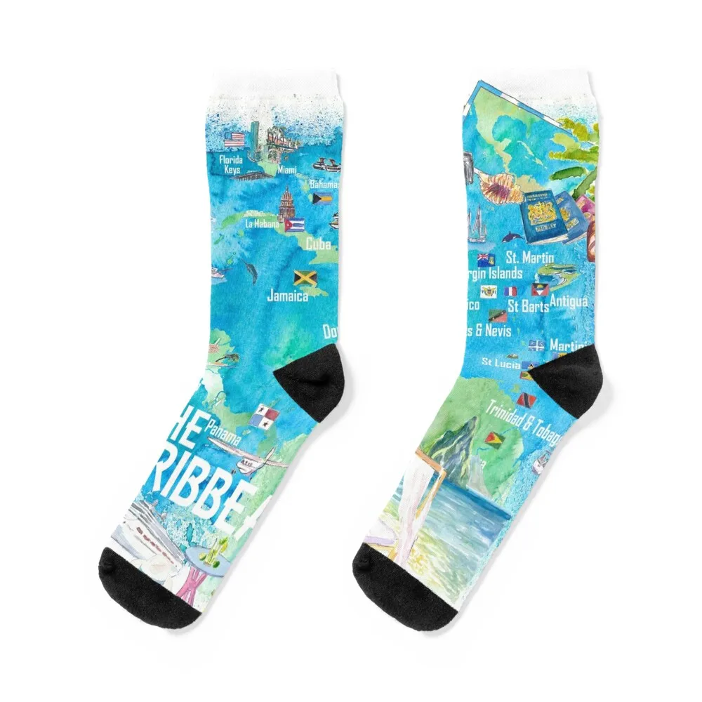 Eastern and Western Caribbean Illustrated Travel Map with Landmarks Highlights and Impressions Socks