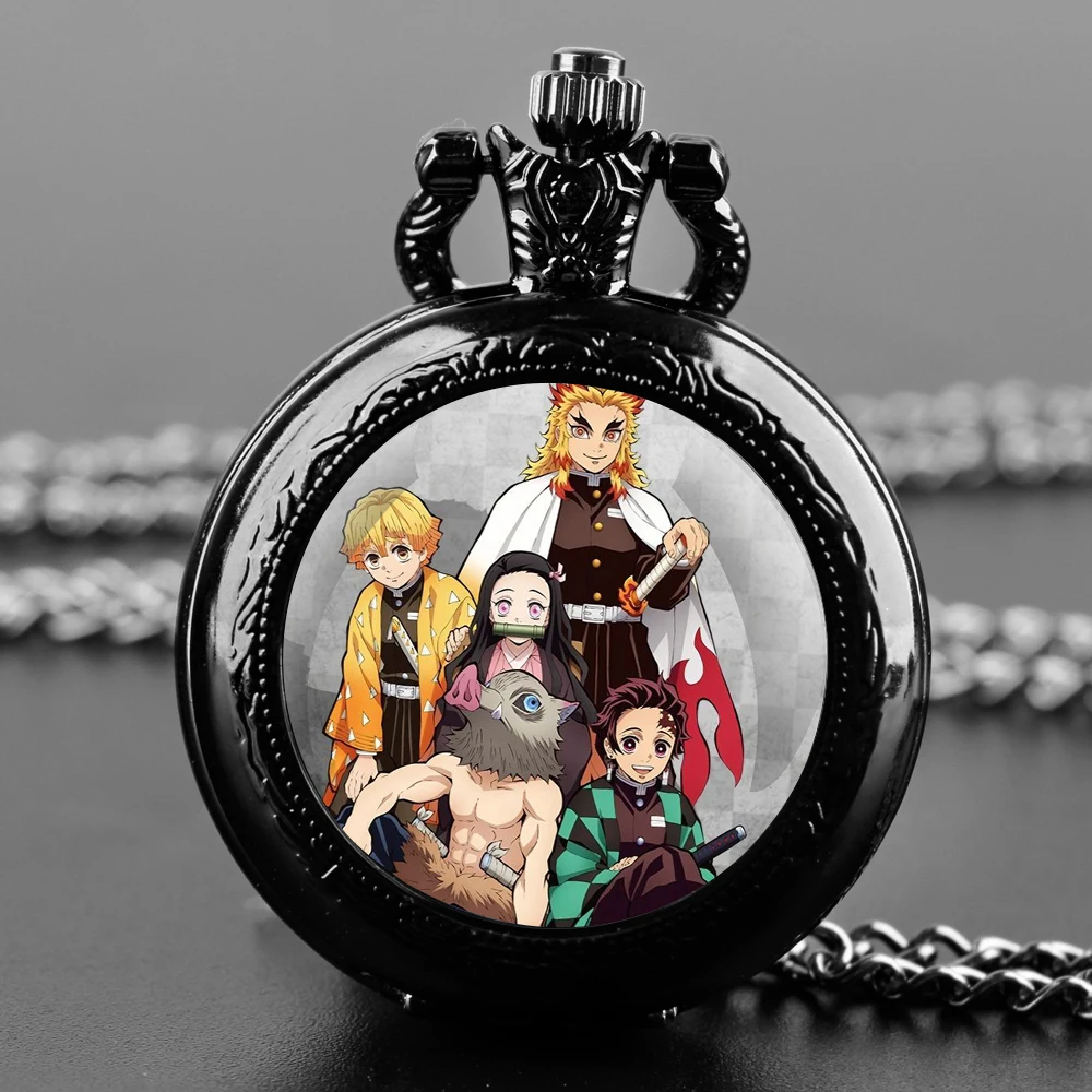 

Anime Demon Slayer Design Glass Dome Fashion Arabic Numerals Quartz Pocket Watch Necklace Pendant Chain Mens Women Gifts