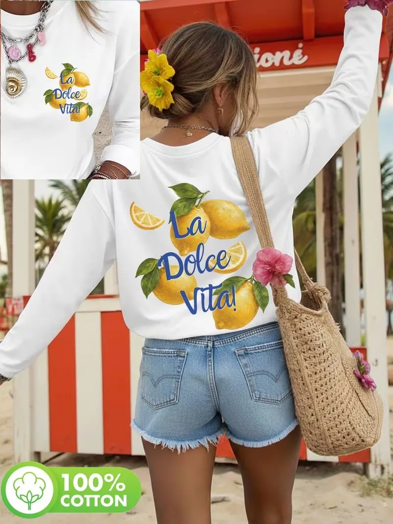 Aesthetic La Dolce Vita Lemon Print 100% Cotton Long Sleeve T-Shirt Graphic Y2K Chic Casual O Neck Women'S Top Tee Fall Winter