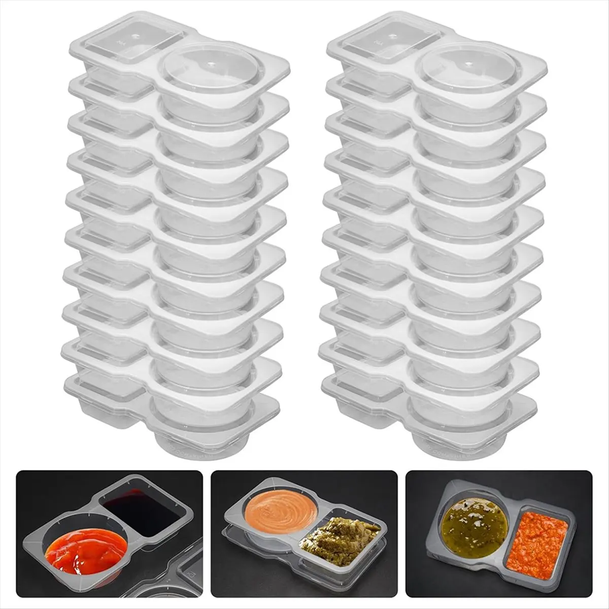 N14R Top 40PCS Reusable Snack Containers, 2-Compartment Dipping Containers with Lid for Refrigeration,Sauce Dip Case