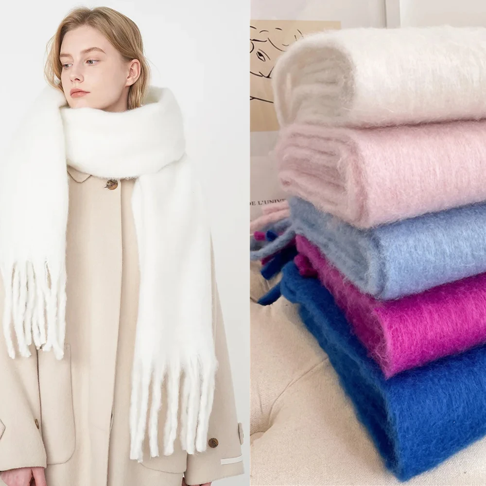 Solid Color Fluffy Chunky Scarf Imitation Cashmere Soft Cozy Tassel Long Scarf Winter Thickened Warm Coldproof Versatile Scarf