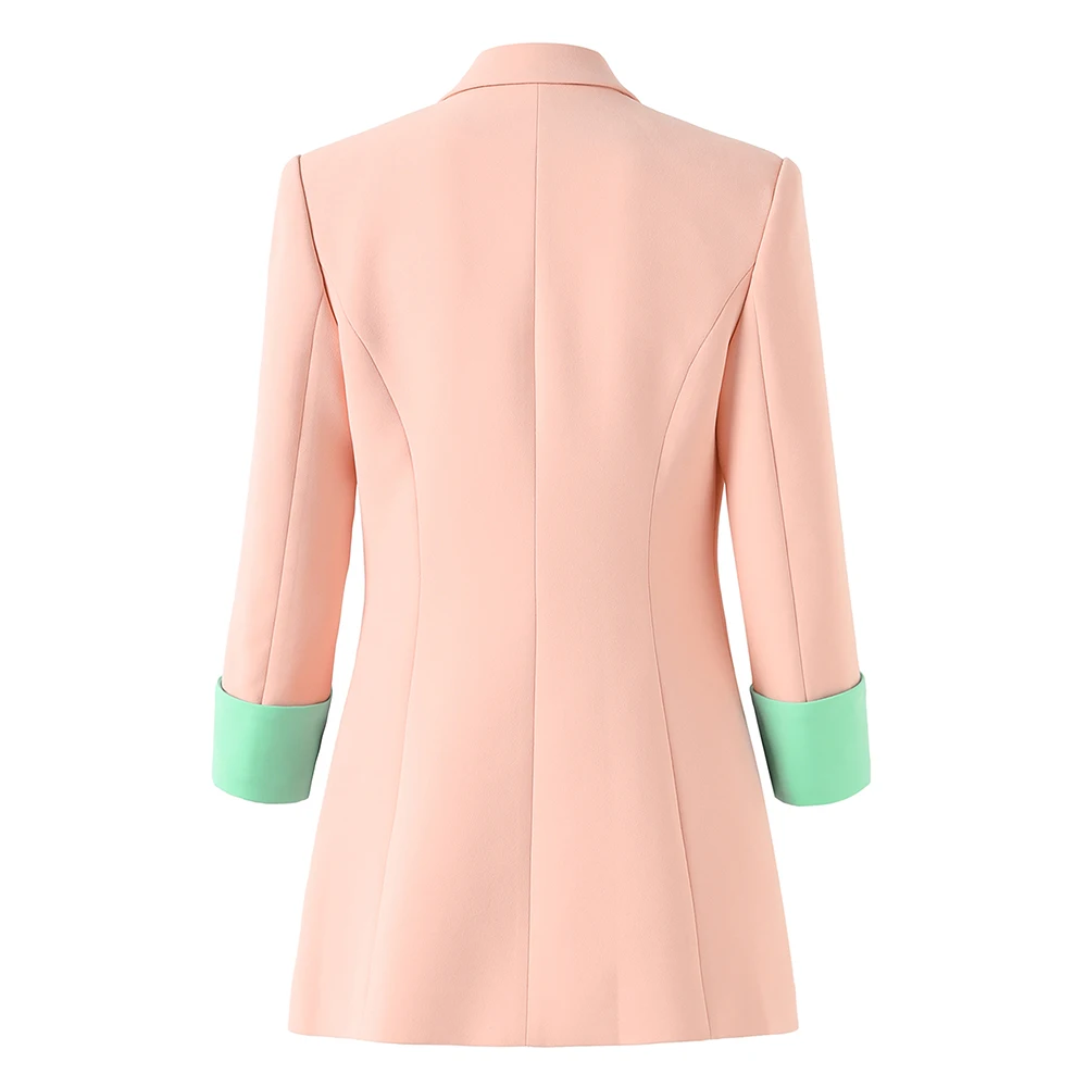 In Stock Newest Colorblock Women Office Coat Three Quarter Sleeve Single Button Notched Women Blazer