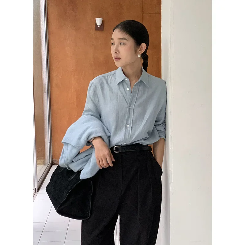 

Удобная льняная рубашка для женщин, модель 2025 года, весенняя новинка, корейская версия, модная рубашка с тринадцатью полосками