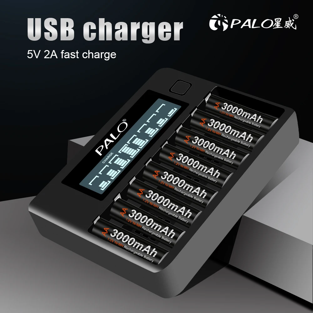 PALO 8 Slots 1.2V AA AAA Rechargeable Battery Charger LCD Smart USB Fast Charger For NI-MH NI-CD AA AAA Battery Independent Slot