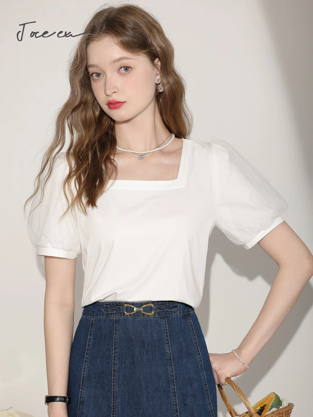 JOREEU Sweet Mesh Spliced Square Collar White T-shirts 2024 Summer New Solid Elegant Puff Sleeve Tops Pullovers Female T01310