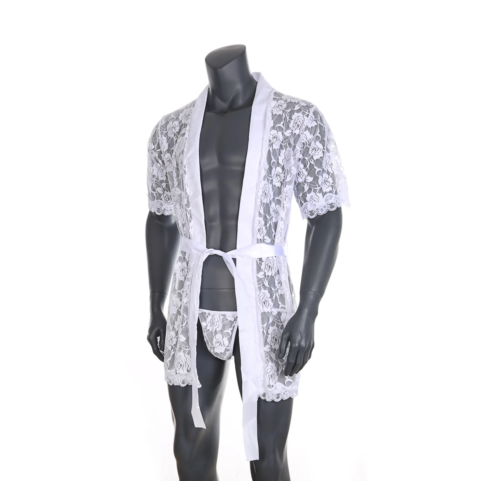 2pcs Men Robe Lace Bathrobe Nightwear See Through Underwear Pajamas Lingerie Short Sleeve Sexy Bathrobes With Belt Gay Sleepwear