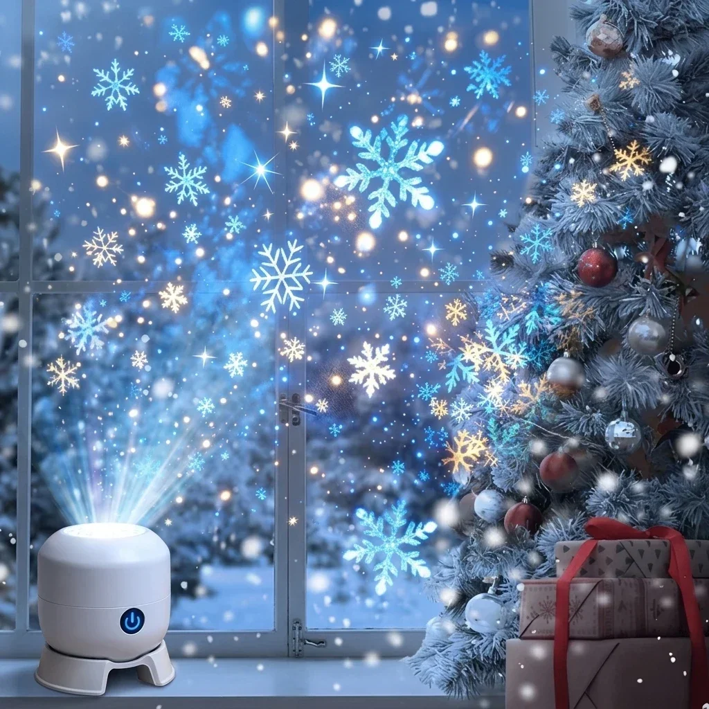 Rechargeable LED Christmas Projector 360°Rotating Dynamic Snowflake Projection Night Light for Bedroom Holiday Party Decor Gifts