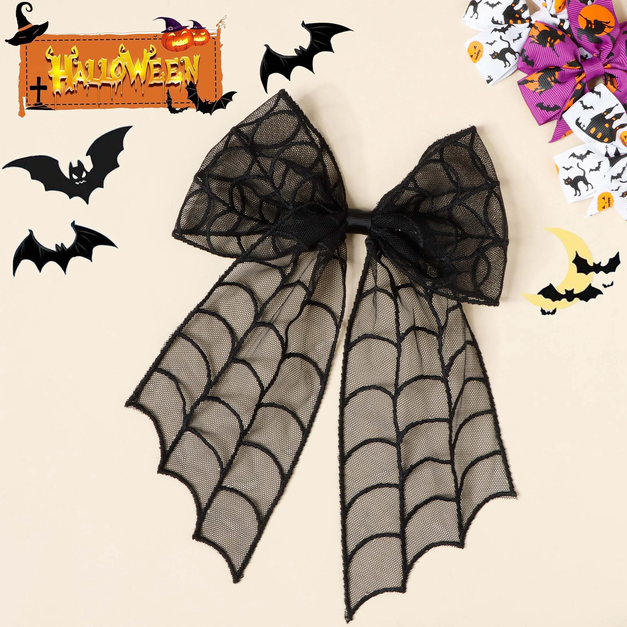 

Girl Halloween Decor Fashion Hair Accessory Bat Embroidery Black Lace Large Bow Barrettes For Teenage Kid Party Wear Hairpin