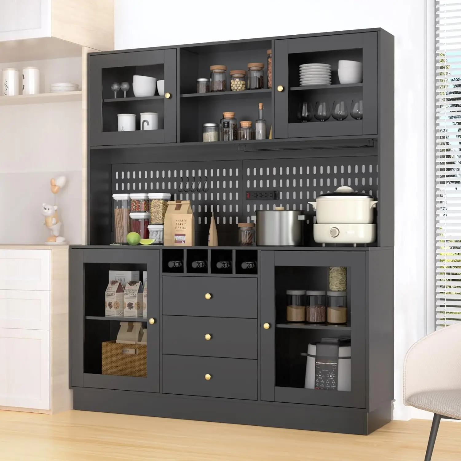 Pantry Cabinet, Kitchen Storage Cabinet, Freestanding Buffet Hutch with Pegboard, Cup Holder, Power Outlet