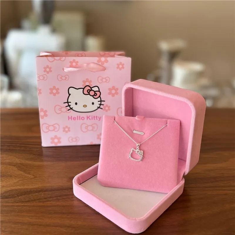 Zilveren Sanrio Hello Kitty Cartoon Ketting Modieuze Ring Zoet Eenvoudig Ontwerp Trui Keten Hanger Meisjes Sieraden Kindercadeaus