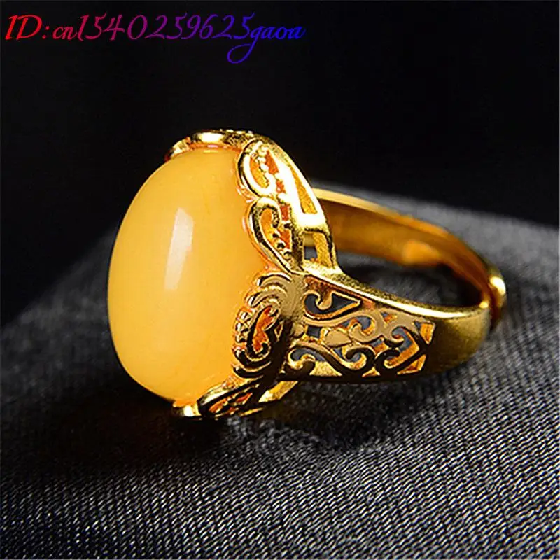 Yellow Amber Rings 18K Gold Plated Real Gemstone Natural Jewelry Charm Gifts for Women Designer Luxury Talismans Vintage Amulet