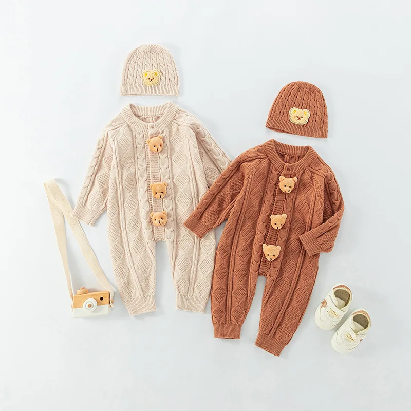 Baby Boys Romper Spring Autumn 0-2 Year Plaid Jacquard 3D Bear Knitted Infant Boys Jumpsuit Casual Exterior Newborn Boy Bodysuit