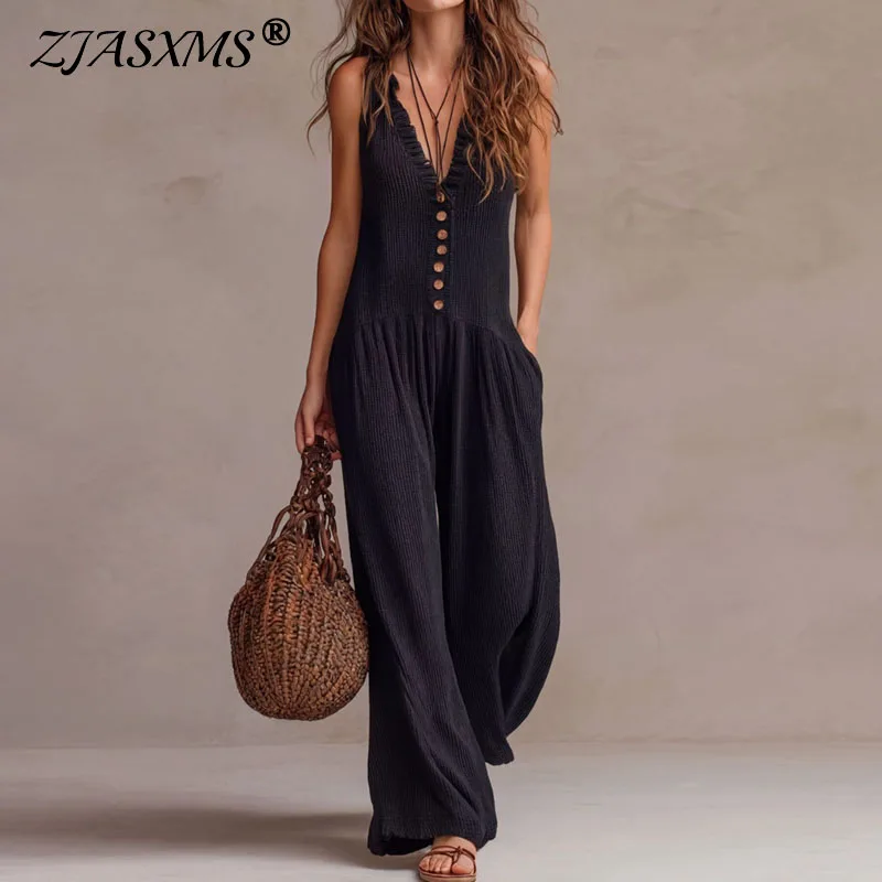 Retro Solid Ribbed Loose Women's Jumpsuit 2026 Spring Sexy V Neck Button Ruffle Romper Summer Sleeveless Wide Leg Pants Overalls