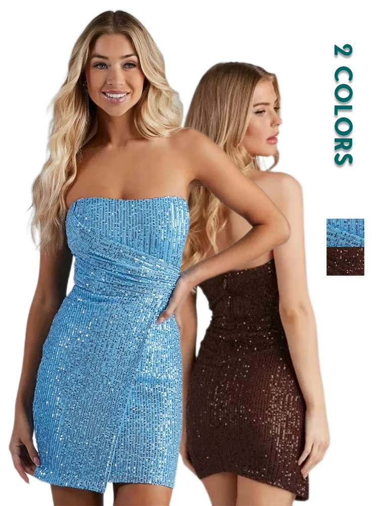 

Sexy Women Sequined Mini Dress Solid Party Elegant Sleeveless Slim Bodycon Club Dresses Strapless Streetwear