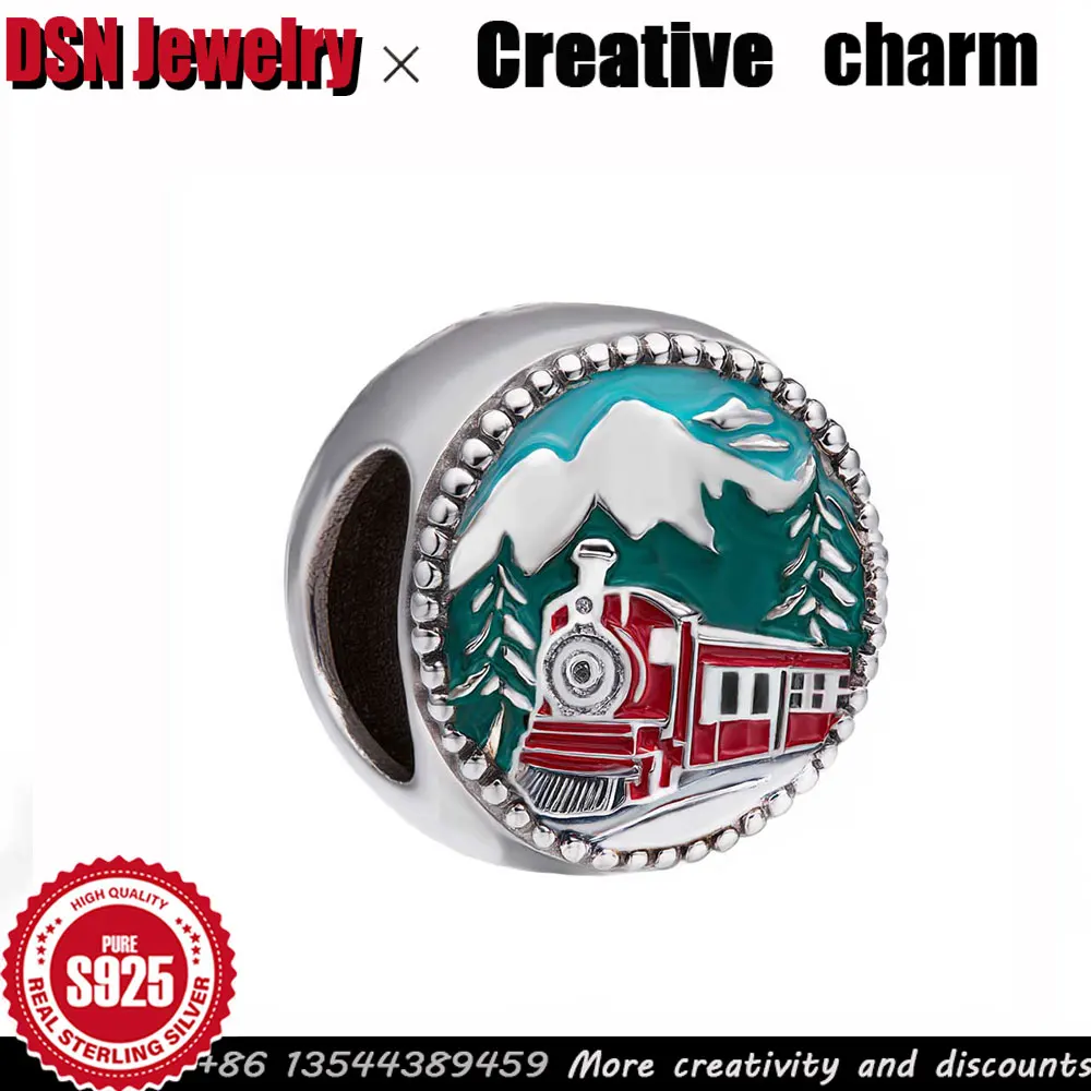 

DSN креативный шарм из серебра 925 пробы, пейзаж со снежным горным поезом, индивидуальный эмалированный браслет с бусинами, роскошные ювелирные изделия, рождественский подарок