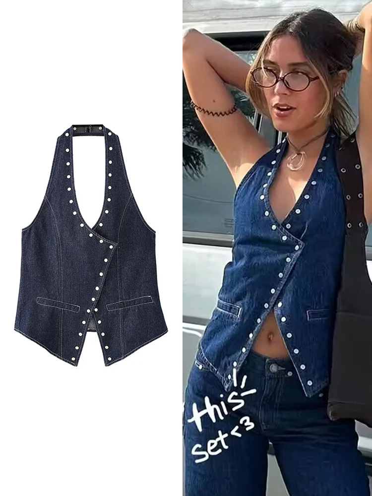 TFMLN Chic Women Rivet Decor Denim Tops Fashion Off Shoulder Backless Halter High Street Tank Top Summer 2025 Streetwear