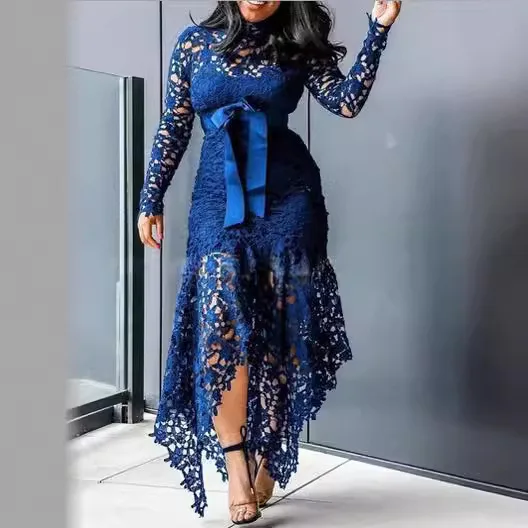 

2025 New Women's Hollowed Out Long Sleeved Stand Collar Lace Up 5-Color Irregular Dress
