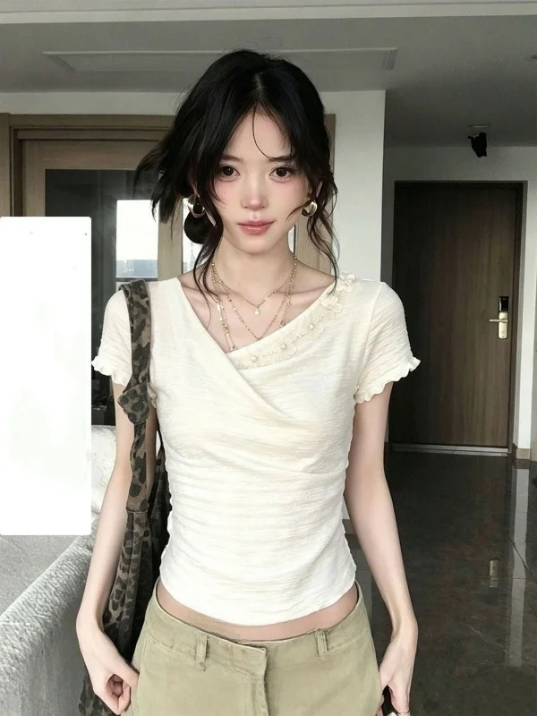 Elegant Short Sleeve Women's T-Shirt Design Sense Wood Grain  Trim Fit Top Trendy Korean Style V-neck Summer Fashion