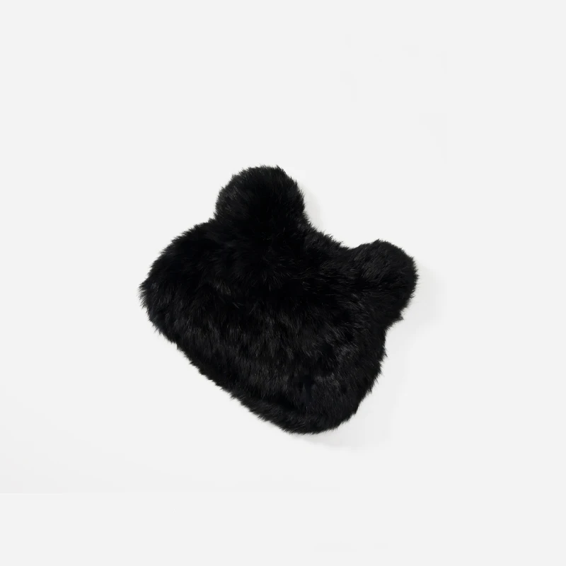 Korean Black Bear Ears Rabbit Fur Hat Cute Plush Wrap Head Cap Cold Warm Fur Caps