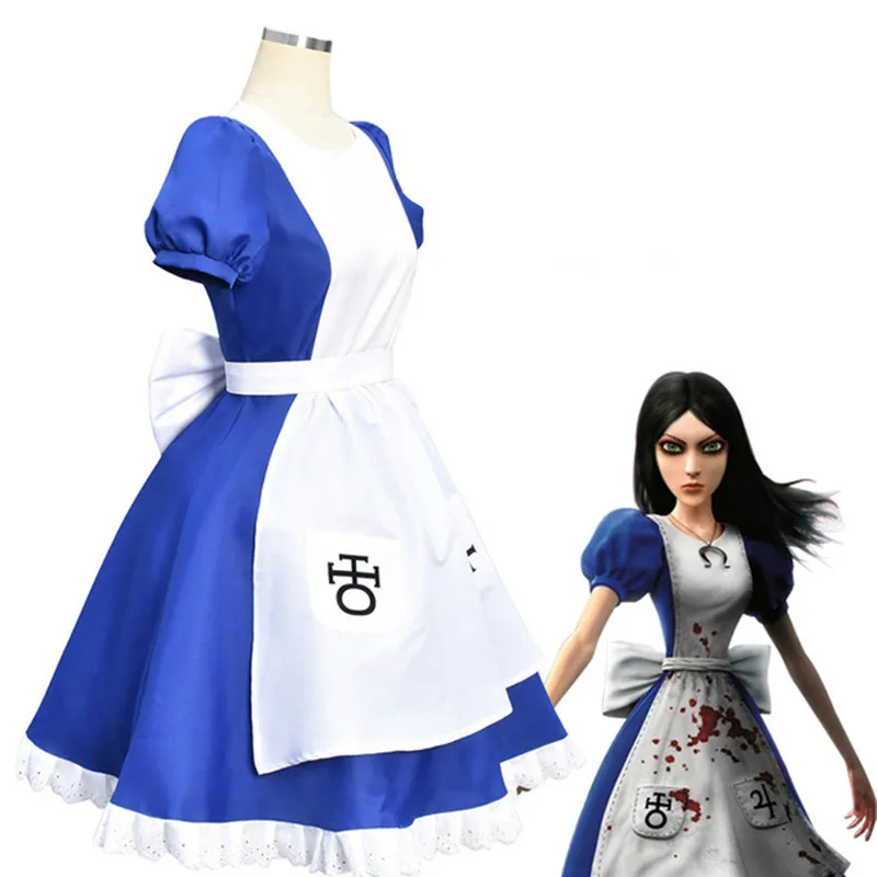 Alice Madness retorna fantasia Cosplay para mulheres, fantasias de Halloween, vestidos de empregada, avental, vestir, jogo