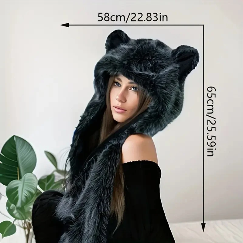 Chapeau à Trous en Fausse Fourrure avec Écharpe de Cou pour Femme, Couvre-Oreilles de Renard 3D, Casquette Bombardier Trooper Chaude d'Hiver pour le Ski et le Cyclisme