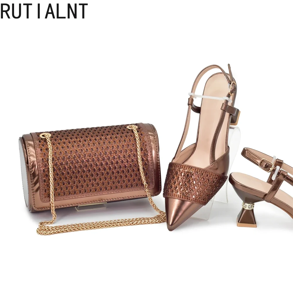 Recién llegado, zapatos italianos para mujer y conjuntos de bolsos a juego decorados con diamantes de imitación, zapatos de fiesta a la moda y bolso a juego para mujer