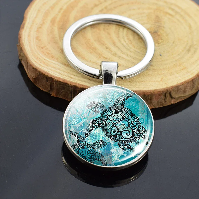 Sea Turtle Key Chain Tortoise Glass Cabochon Double Side Keychain Cute Animals Trinket for Men Women Gifts