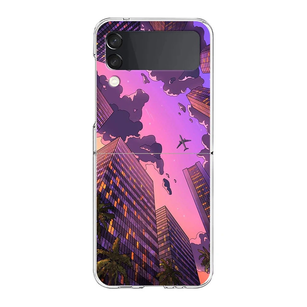INS Korean Sunset Scenery Case For Samsung Galaxy Z Flip 3 4 5G Hard HD Folding PC Phone Cases For Samsung Z Flip3 Clear Cover