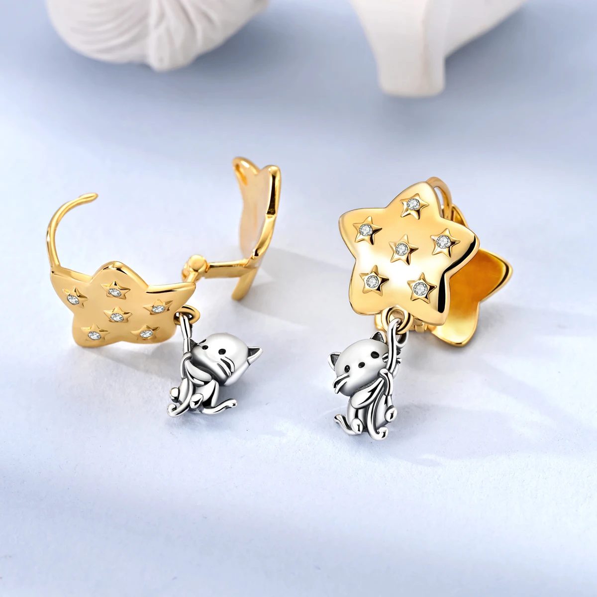 New in 925 Sterling Silver Cat Picking Stars Stud Earrings for Women Girl Ear Studs Fine Jewelry Fashion Luxury Anniversary - Image 3