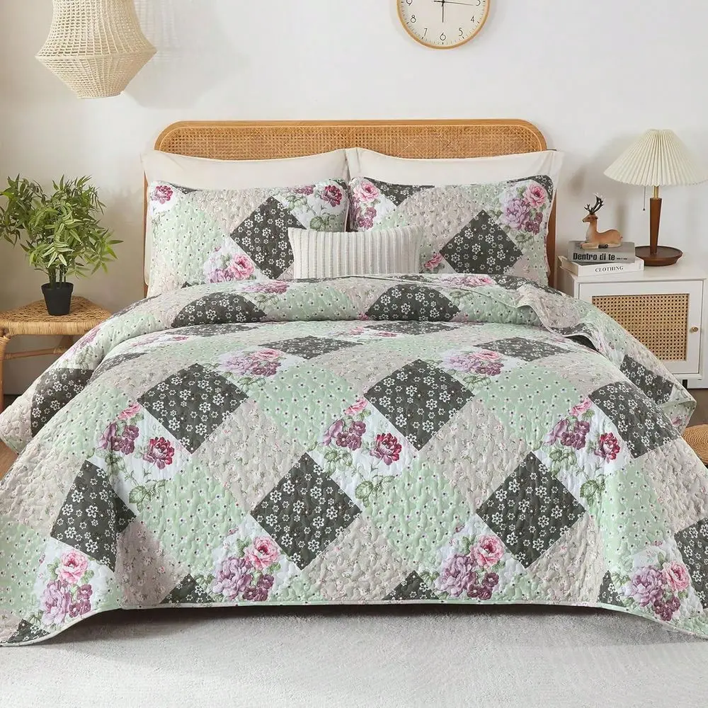 

Комплект постельного белья Draelibor из 3 предметов: стеганое одеяло с цветочным и клетчатым узором, размеры Full, Queen, King, двусторонний, зеленый, из мягкой микрофибры, легкий