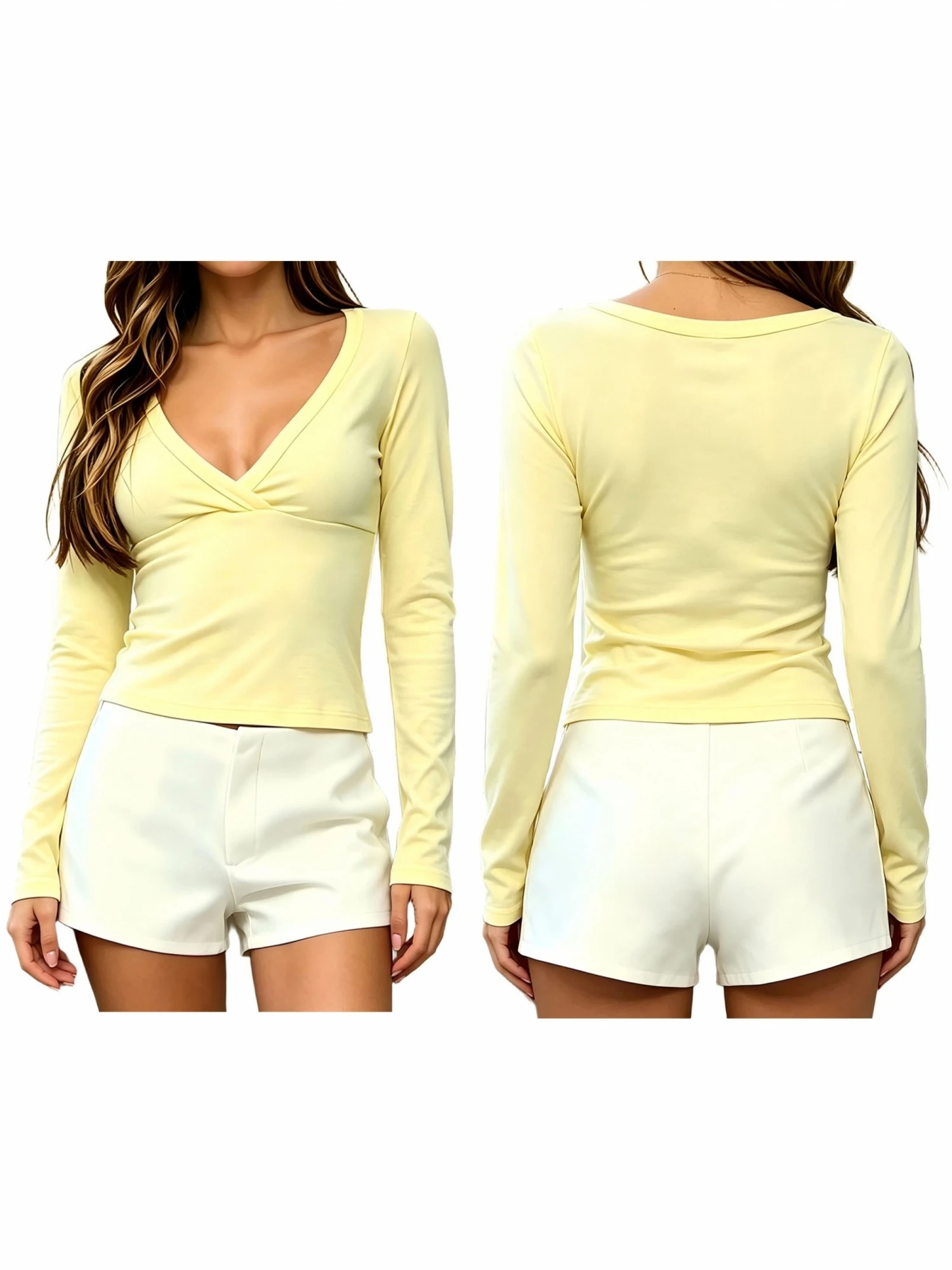 Damen Herbst Einfarbige V-Ausschnitt Basic-Oberteile Elegante Langarm Slim-Fit Wickel-T-Shirts – Detail 2