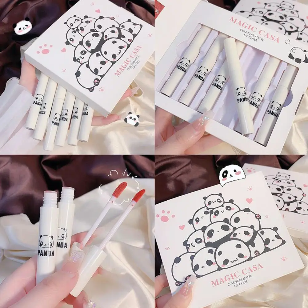 New Cute Panda Lip Glaze Set Of Six Pieces Matte Velvet Lipstick Gift Box Daily Use Cosmetics Gifts For Friends