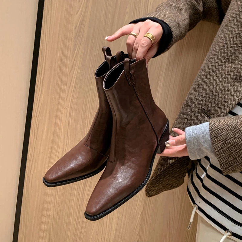 NEW Autumn Women Boots Pointed Toe Chunky Heel Shoes Split Leather Shoes for Women Short Western Boots Daily Shoes Zipper Boots