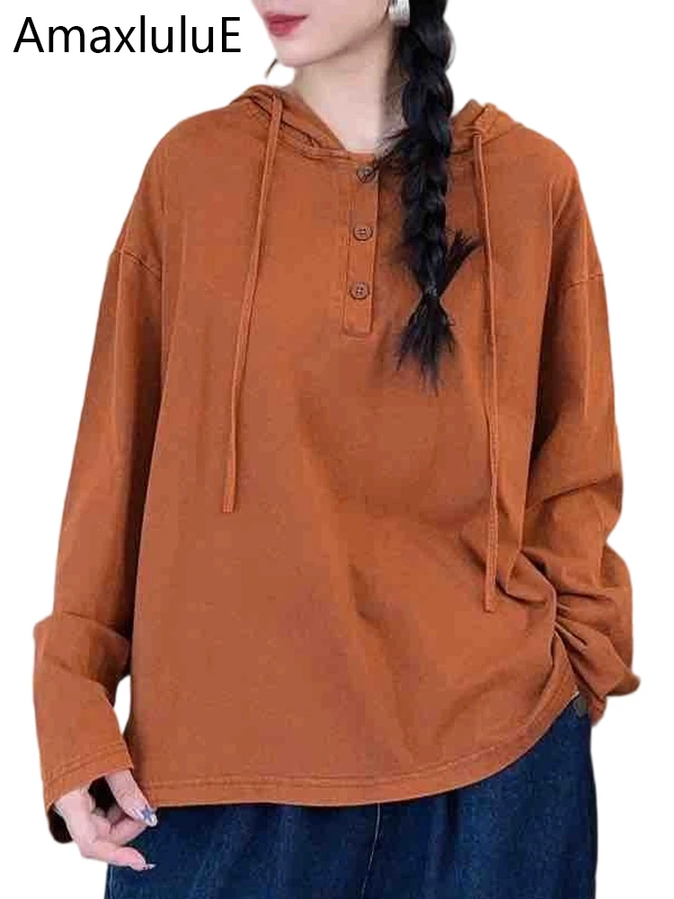

Amax LuluE 2025 Japanese Tops Womens Classic Loose Vintage Hooded T-shirts Ladies Harajuku Classic Luxury Elegant Cotton Clothes