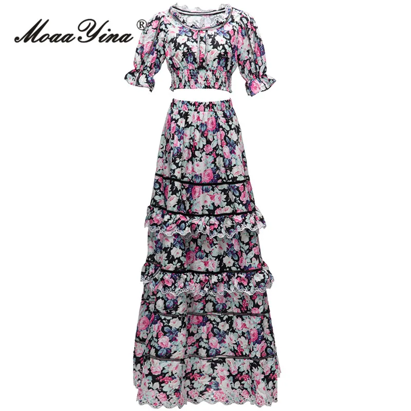 MoaaYina Summer Fashion Runway Vintage Floral Print Skirt Set Women O Neck Elastic Short Top+Ruffle Embroidery Skirt 2 Piece Set