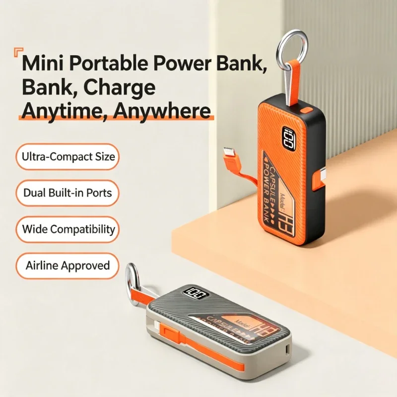 PD Fast Charging Power Bank 5000mAh Keychain Portable Phone Charger Built-in Type-C iOS Cable Digital Display Mini Powerbank