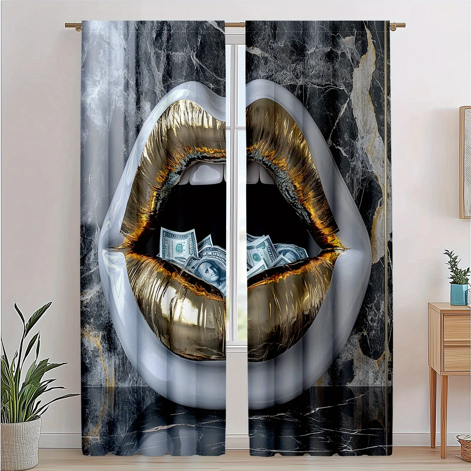 Decorative Statement Curtains Lips Art Window Drapes Luxury Money Print Modern Glamour Home Accent Panels Black Marble Curtain