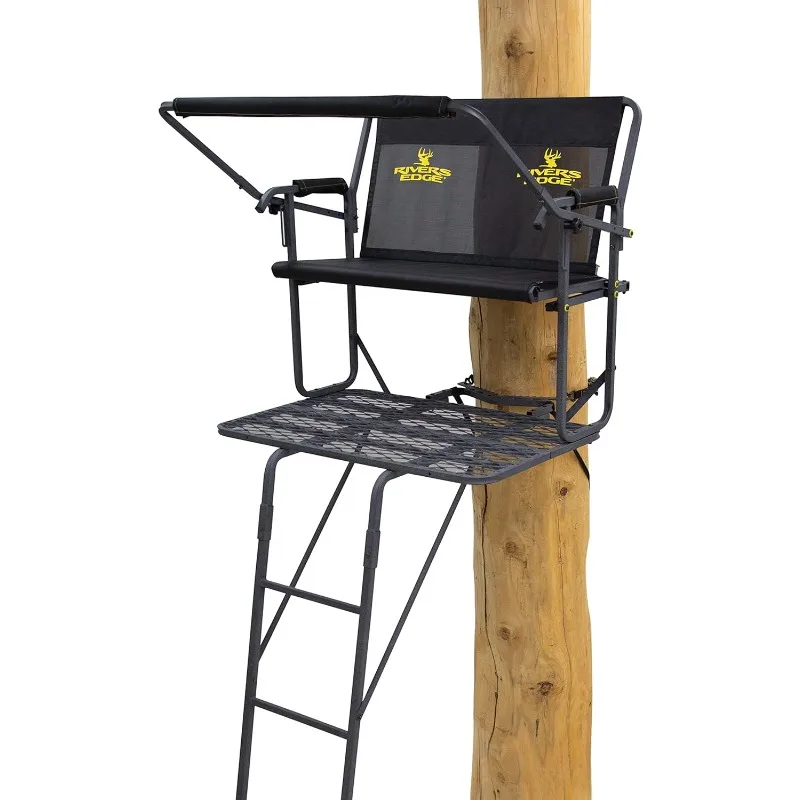 2-Man Ladder Stand, 17’1” Height, Flip-Up TearTuff™ Mesh Bench Seat, 40” Wide Platform, 2-Way Adjustable Shooting Rail