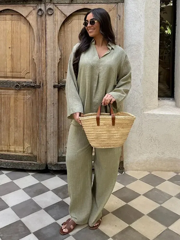 

Women Causal Linen Shirt Pants Suit Wide Leg Pants Long Sleeves Shirt Sets Lady Loose High Street 2 Piece Outfits Clearance Sale
