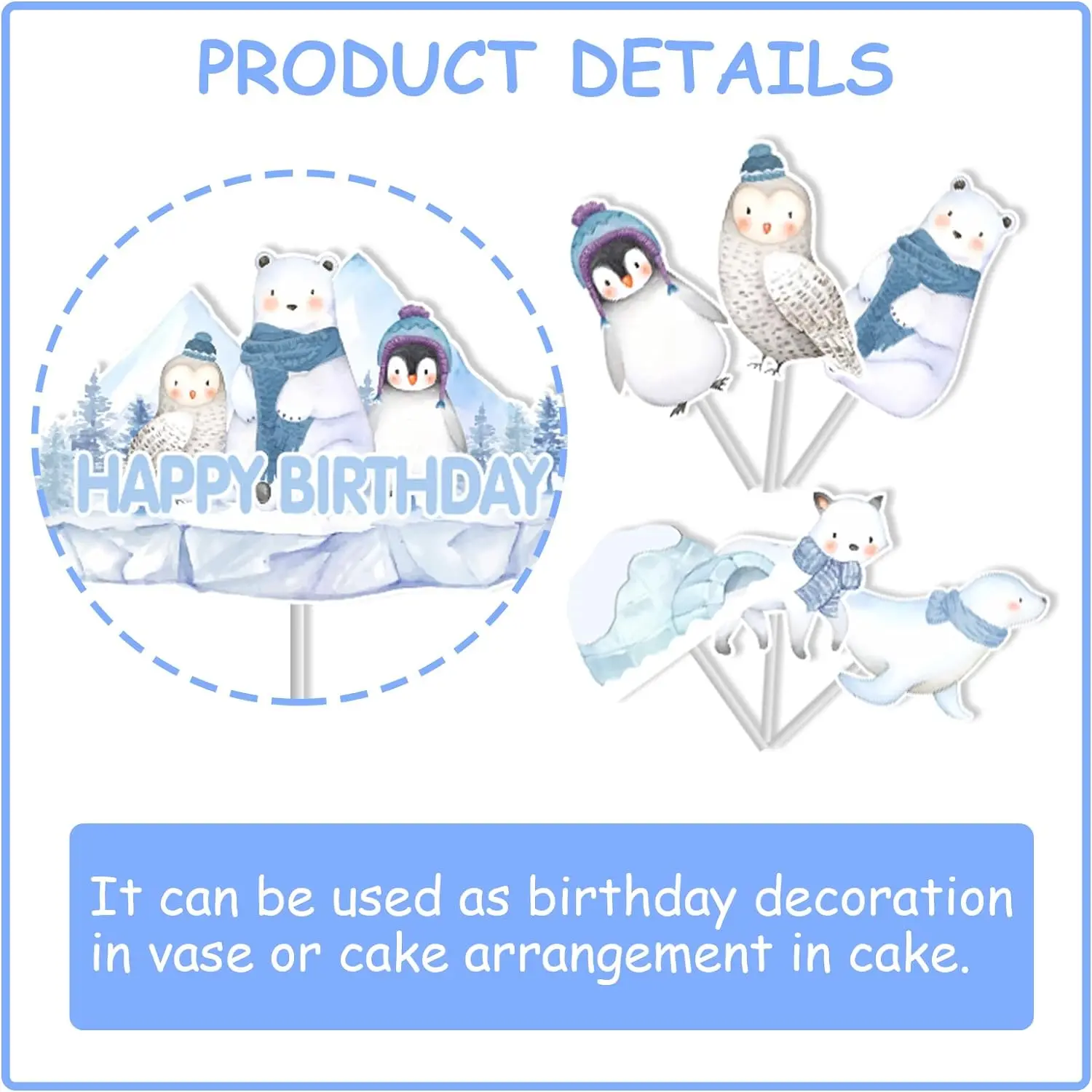 Arctic Polar Animal Happy Birthday Cake Toppers Decor for Winter Animals Birthday Baby Shower Party Decorations