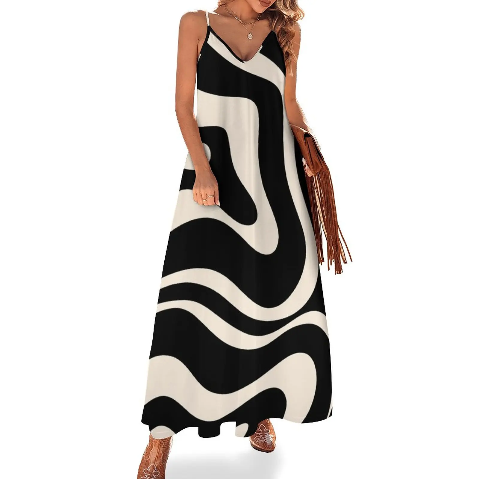 

Modern Liquid Swirl Abstract Pattern Square in Black and Almond Cream Sleeveless Dress summer dress woman 2024 trendy