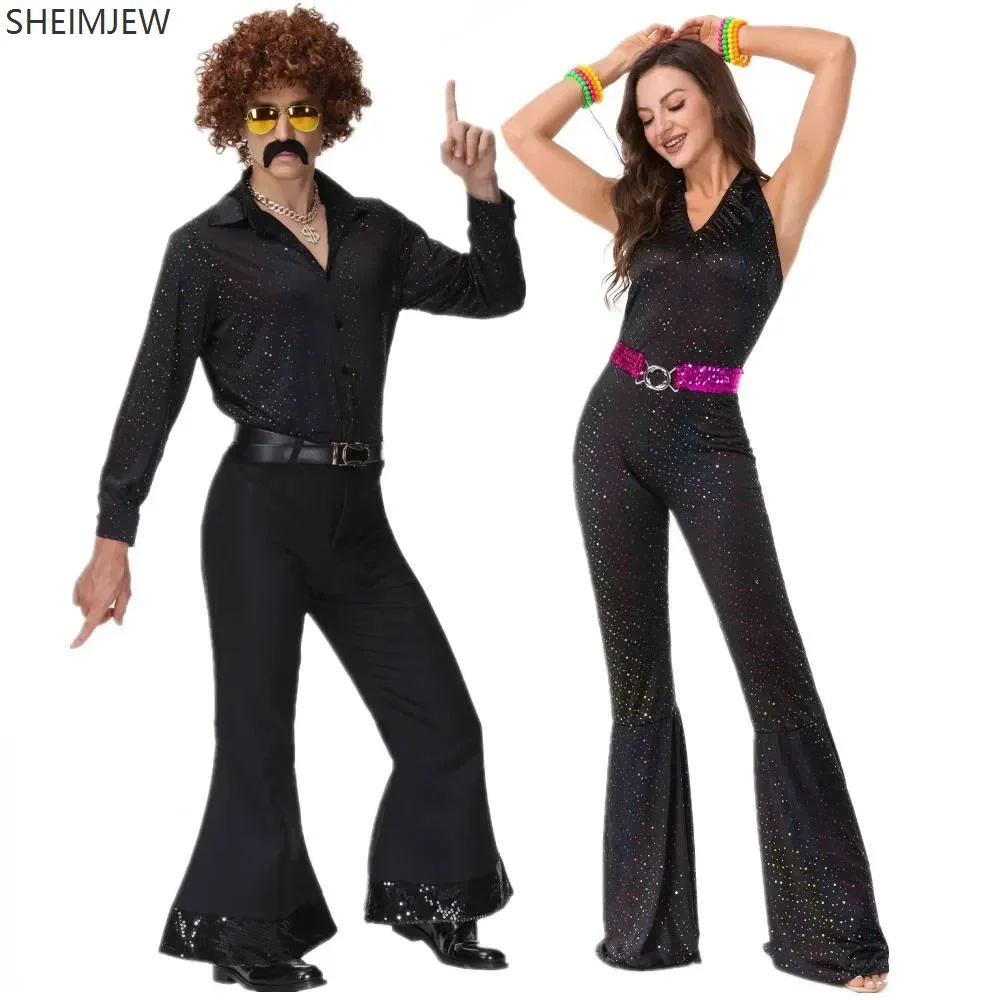 

Adult 80s Disco Couple Costume Retro Hippie Outfits Men And Women Music Festival Bar Sequin Party Halloween Cosplay Costume