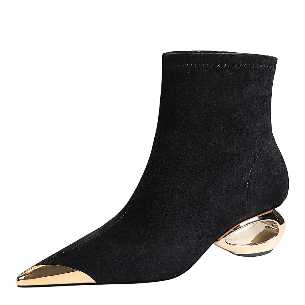 BIGTREE Shoes Street Style Fur Metal Hollow Heel Modern Faux Suede Short Boots for Women Metal Pointed Toe Low Heel Boots Female