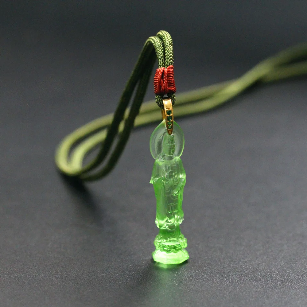 Chinese Style Lucky Blessing Nanhai Guanyin Pendant Green Transparent Liuli Buddha Amulet Necklace For Men Women Good Fortune