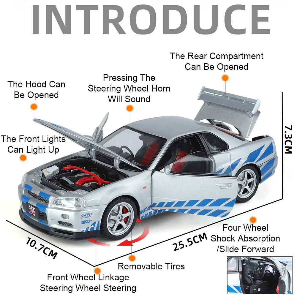 Large 1:18 GTR SKYLINE Alloy Car Diecast Model Toy Doors Opened  Sound Light Pull Back Miniature Vehcie Adult Boy Birthday Gifts