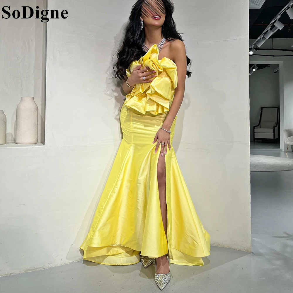 

SoDigne Elegant Yellow Evening Dresses Ruffles Strapless Pleated Side Slit Party Dress Mermaid 2024 Formal Occasion Prom Gowns