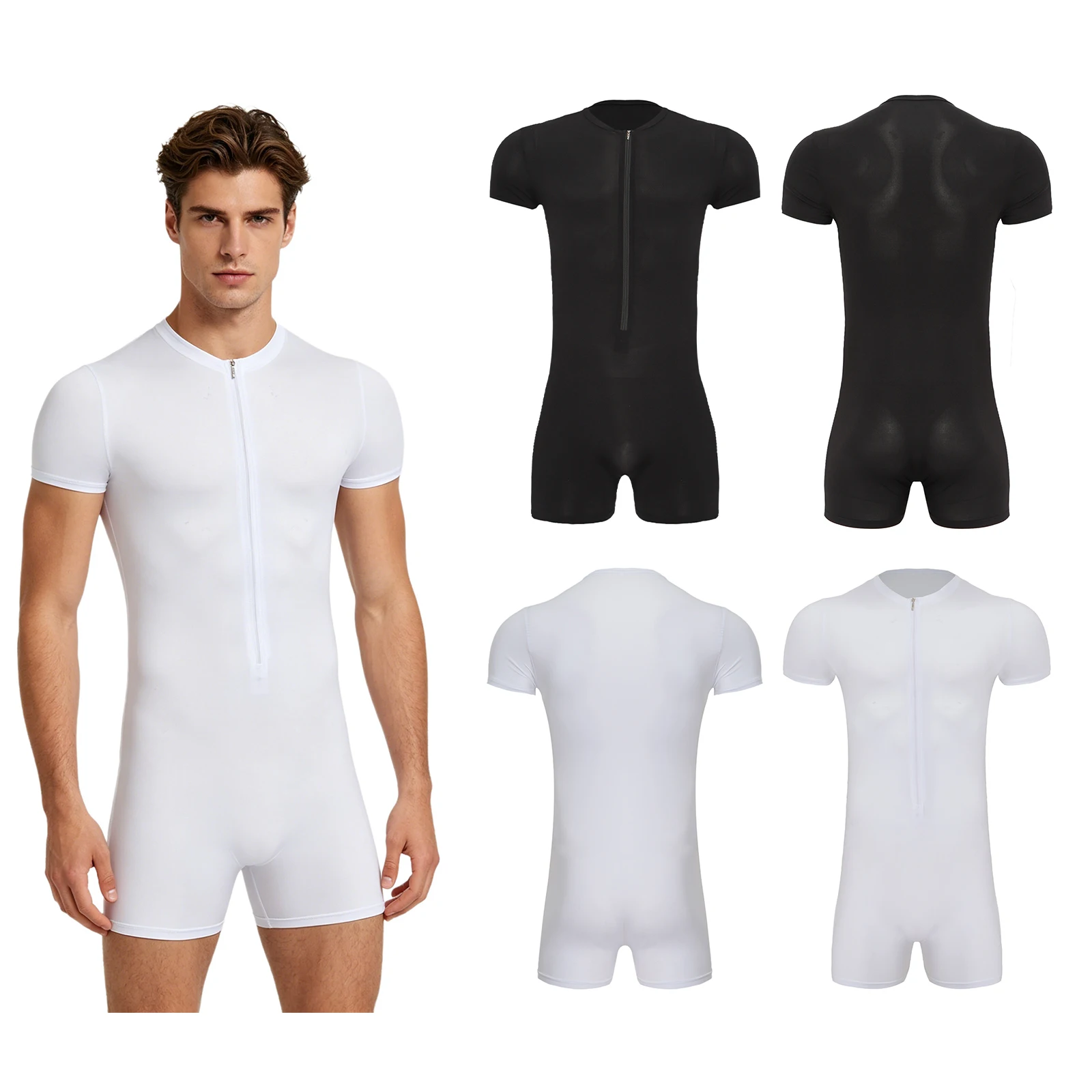 Mens Silky Stretchy Rompers Short Sleeve Front Zipper Boyshorts Bottom Bodysuit One Piece Pajamas Leotard Yoga Lounging Workout
