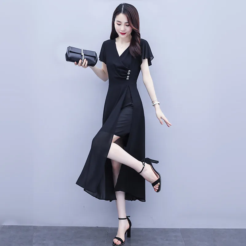 M-3XL Women Chiffon Long Dress Summer 2024 New Fashion Elegant Short-sleeve Split Hem Slim Thin Full Dresses Female Red Black