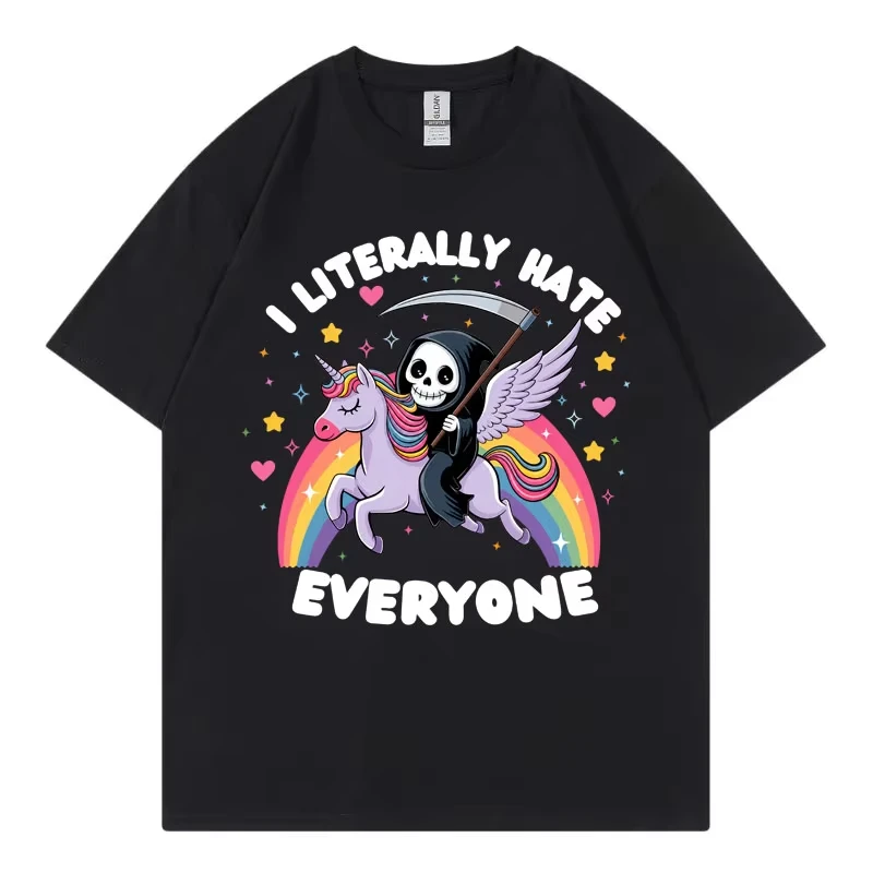 I Literally Hate Everyone Funny Unicorn Reaper Meme T-shirt Harajuku Y2k Style T Shirt Men Women Fashion Casual Cotton T-shirts