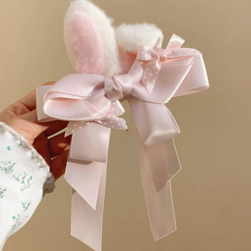 

1pc/2pc Pink Bow Plush Rabbit Ear Hair Clip Cute Female Side Bangs Clip Lolita Headwear Accessories